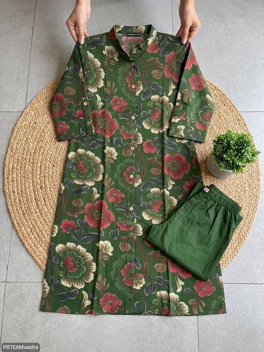 Floral Printed Textured Cotton Kurta Set with Pocket