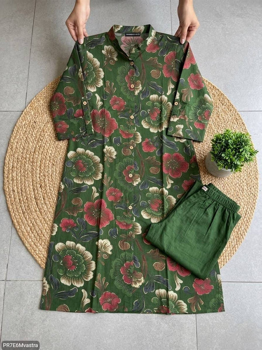 Floral Printed Textured Cotton Kurta Set with Pocket