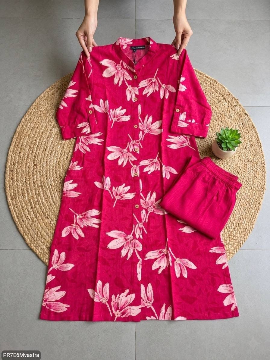 Floral Printed Textured Cotton Kurta Set with Pocket