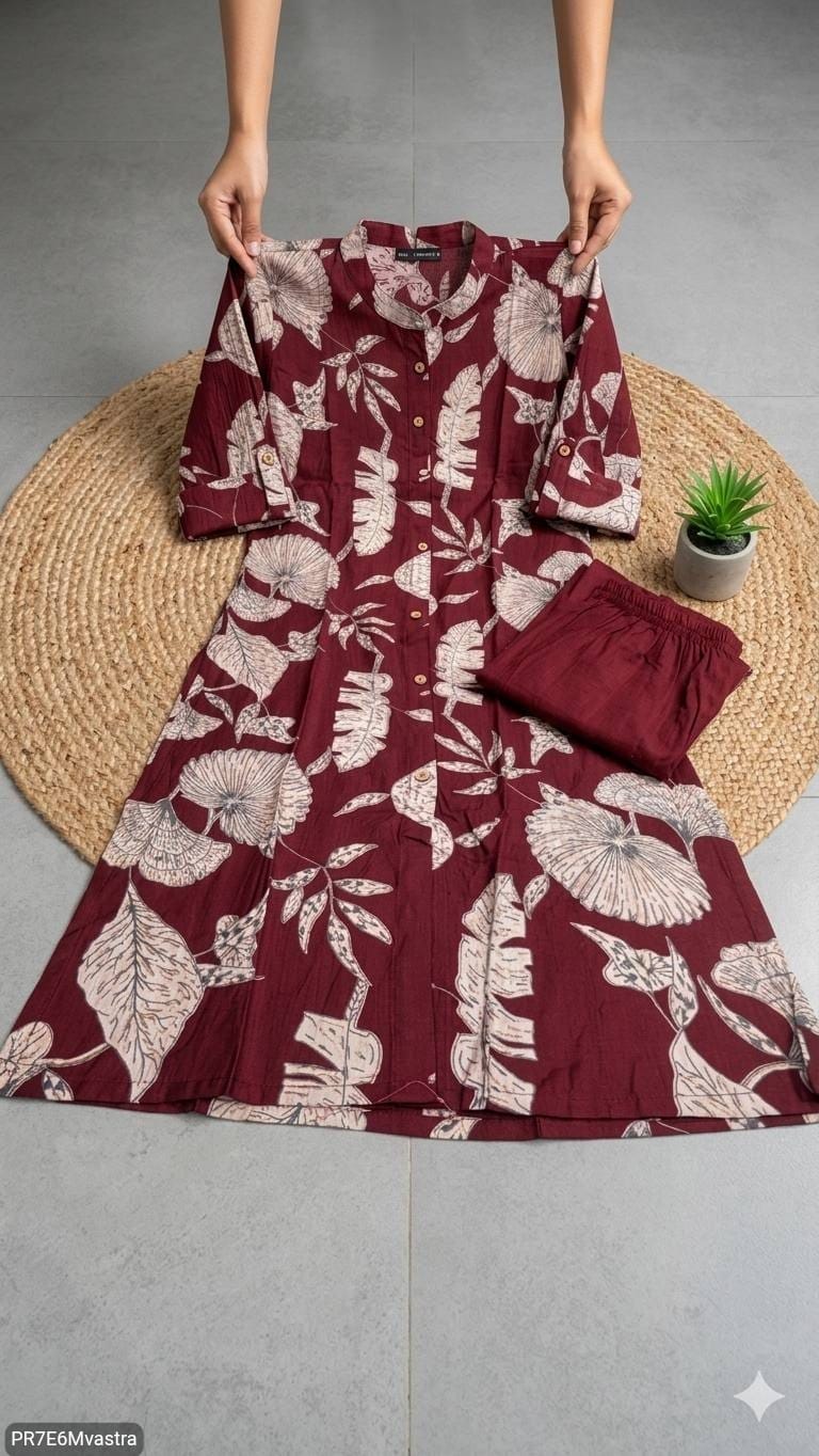 Floral Printed Textured Cotton Kurta Set with Pocket