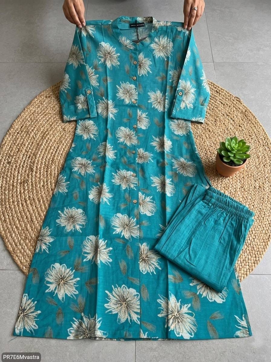 Floral Printed Textured Cotton Kurta Set with Pocket
