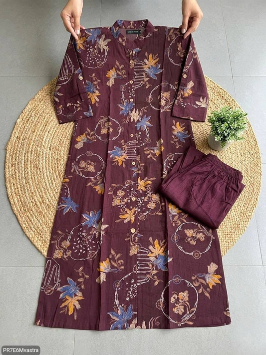 Floral Printed Textured Cotton Kurta Set with Pocket
