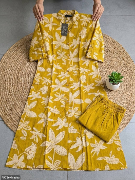 Floral Printed Textured Cotton Kurta Set with Pocket