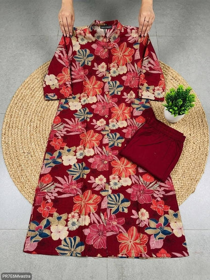 Floral Printed Textured Cotton Kurta Set with Pocket