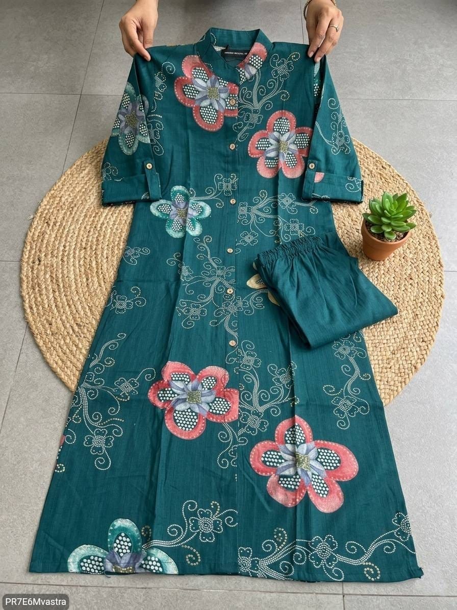 Floral Printed Textured Cotton Kurta Set with Pocket