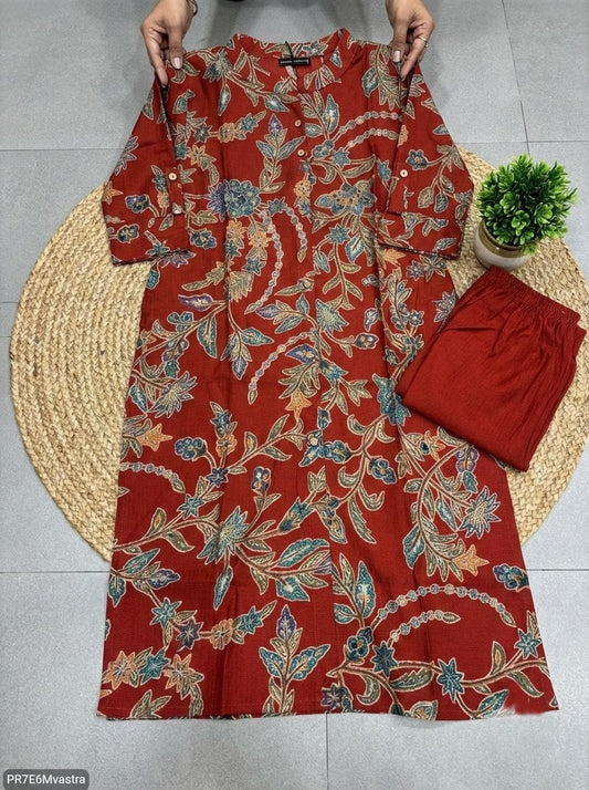 Floral Printed Textured Cotton Kurta Set with Pocket