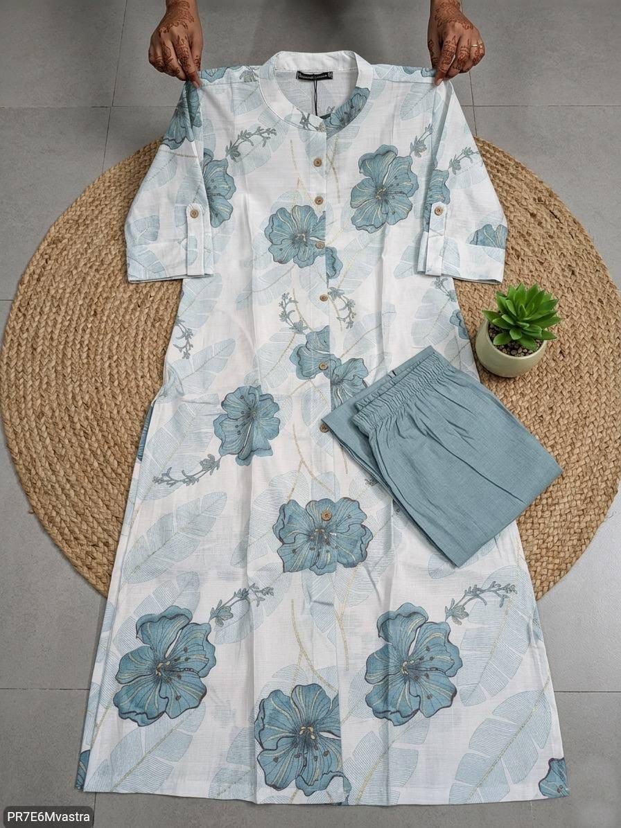 Floral Printed Textured Cotton Kurta Set with Pocket