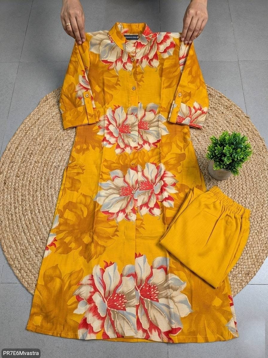 Floral Printed Textured Cotton Kurta Set with Pocket