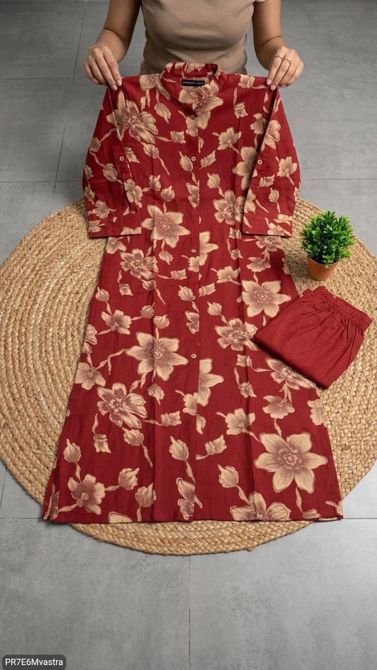 Floral Printed Textured Cotton Kurta Set with Pocket