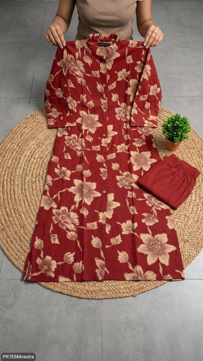 Floral Printed Textured Cotton Kurta Set with Pocket