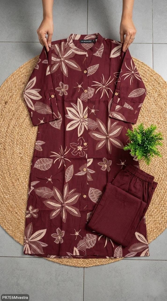 Floral Printed Textured Cotton Kurta Set with Pocket