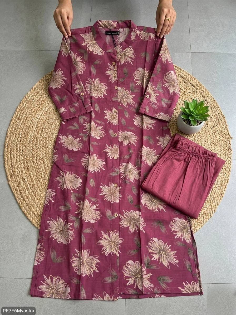 Floral Printed Textured Cotton Kurta Set with Pocket