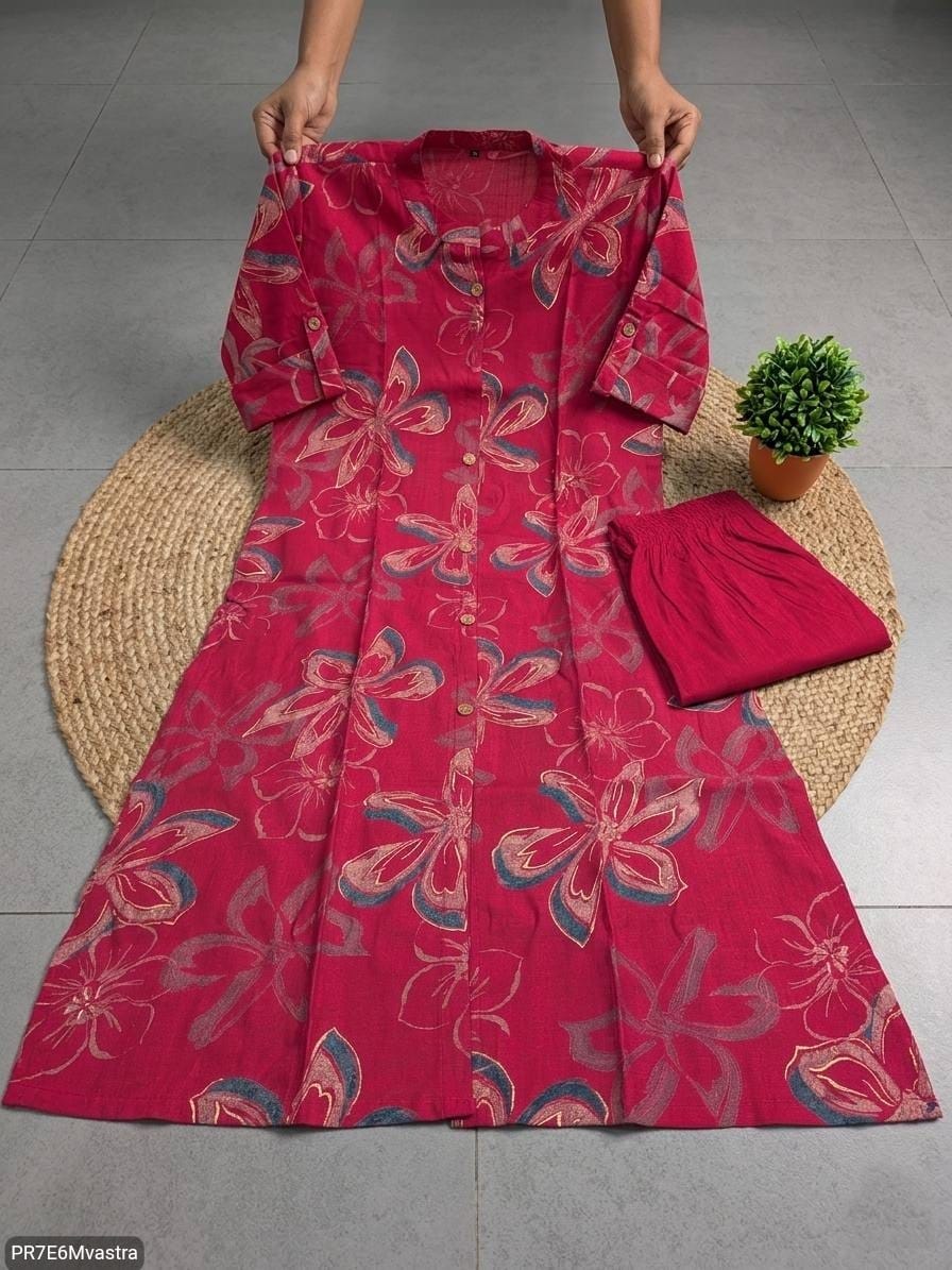 Floral Printed Textured Cotton Kurta Set with Pocket