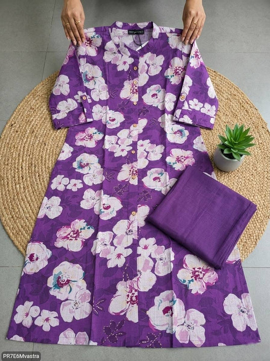 Floral Printed Textured Cotton Kurta Set with Pocket