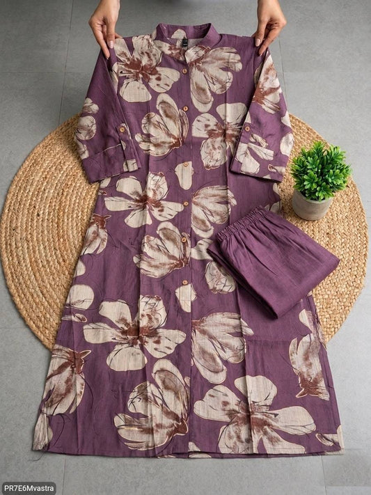 Floral Printed Textured Cotton Kurta Set with Pocket