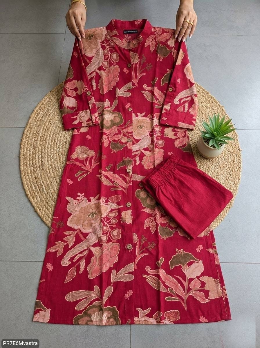 Floral Printed Textured Cotton Kurta Set with Pocket