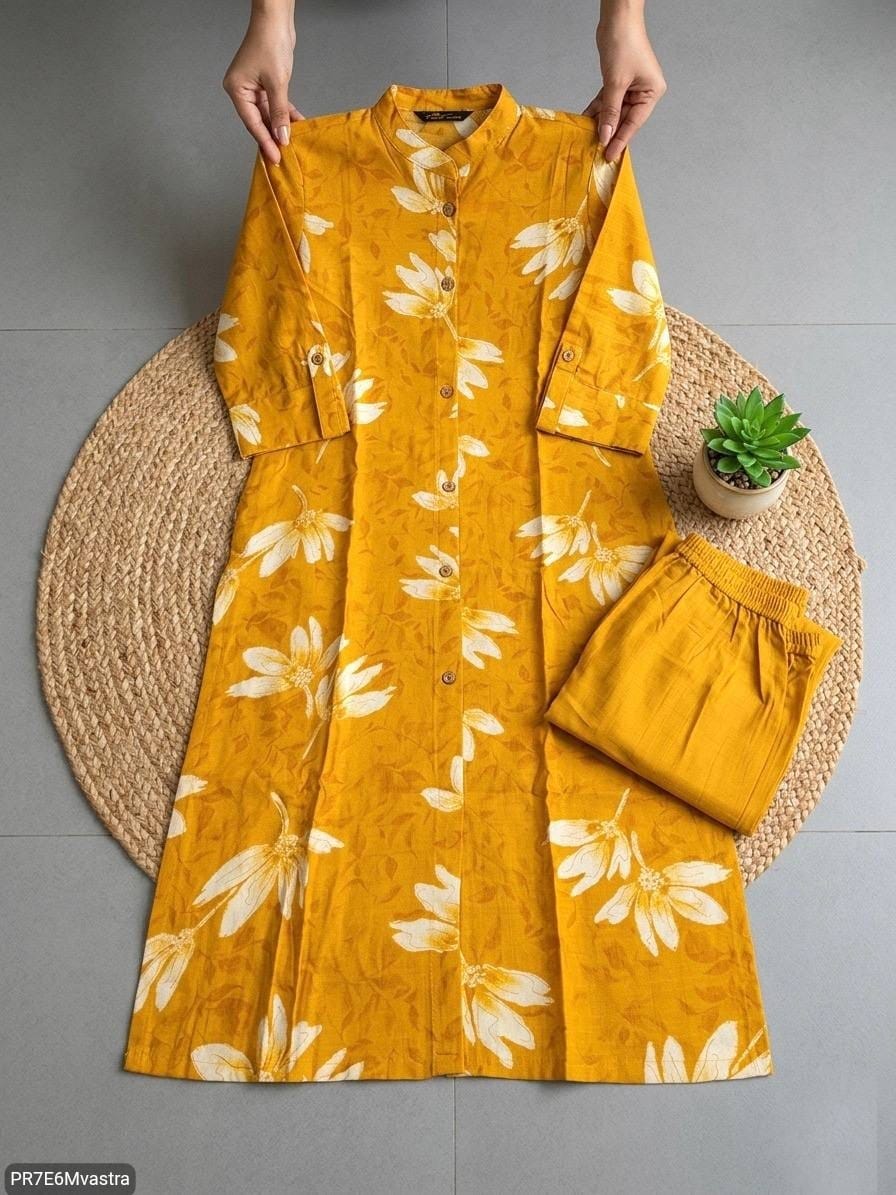 Floral Printed Textured Cotton Kurta Set with Pocket