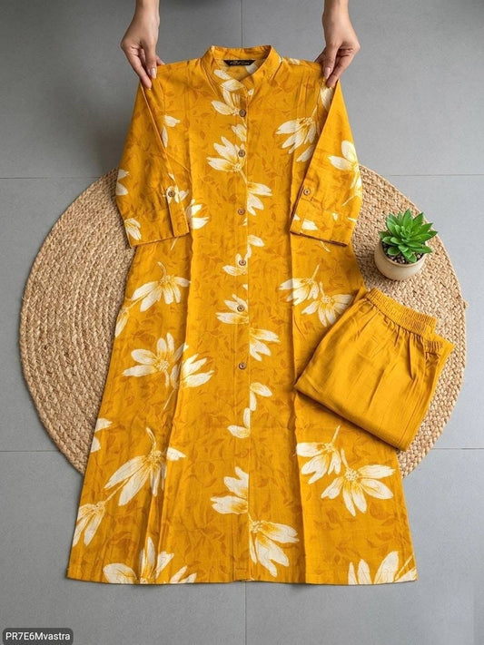 Floral Printed Textured Cotton Kurta Set with Pocket