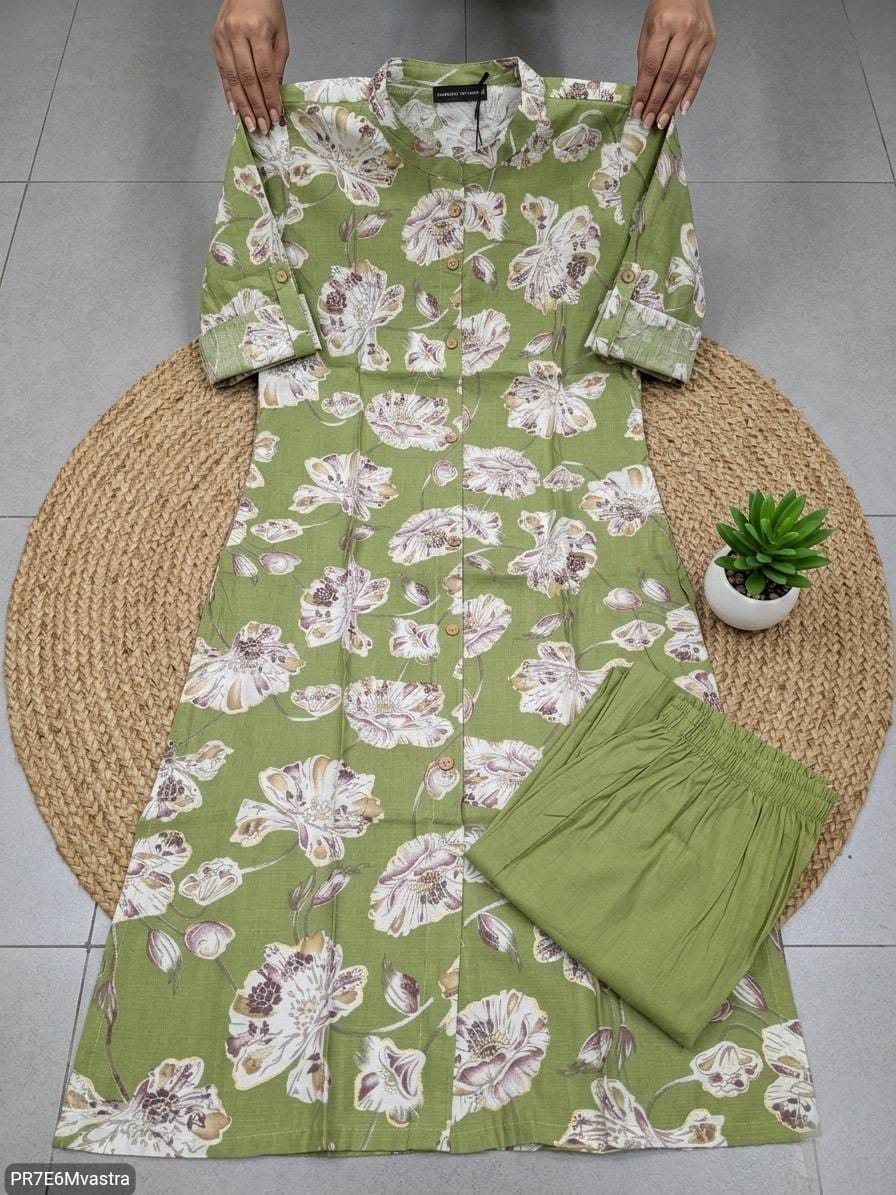 Floral Printed Textured Cotton Kurta Set with Pocket
