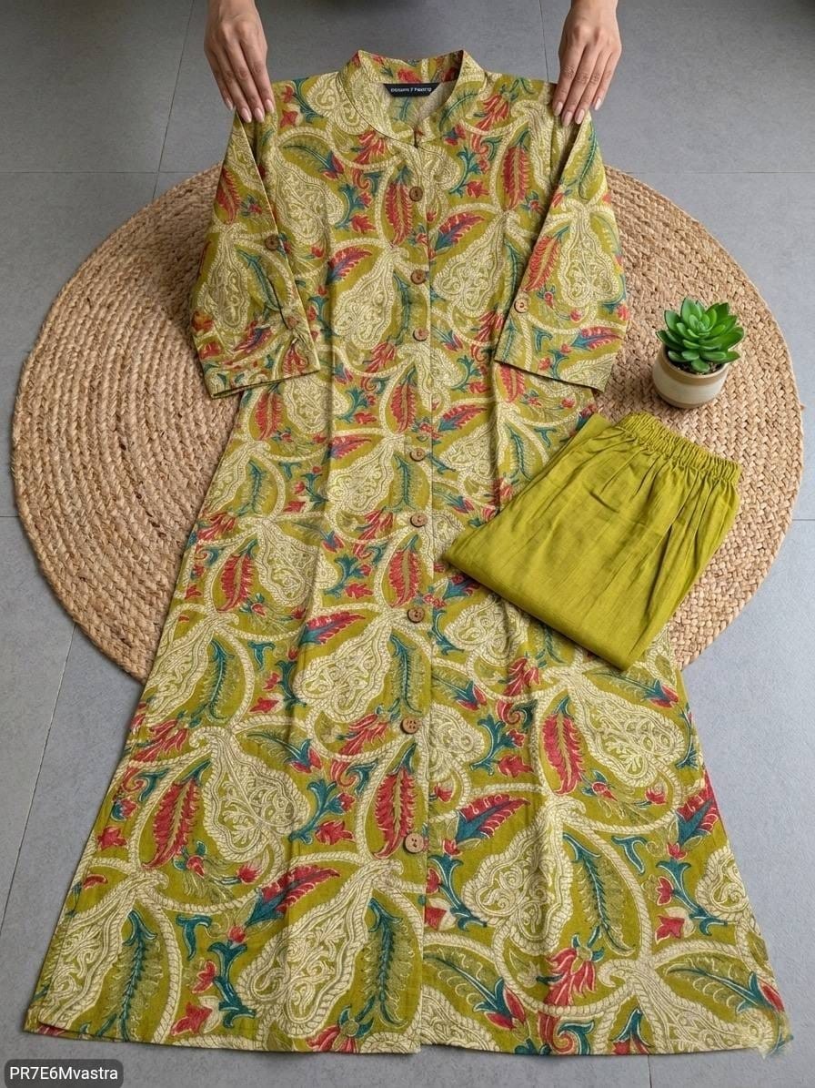 Floral Printed Textured Cotton Kurta Set with Pocket