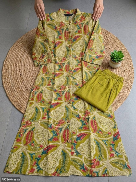 Floral Printed Textured Cotton Kurta Set with Pocket
