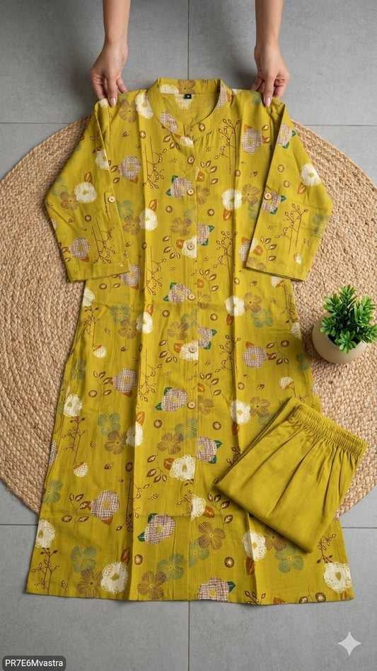 Floral Printed Textured Cotton Kurta Set with Pocket