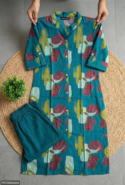 Floral Printed Textured Cotton Kurta Set with Pocket