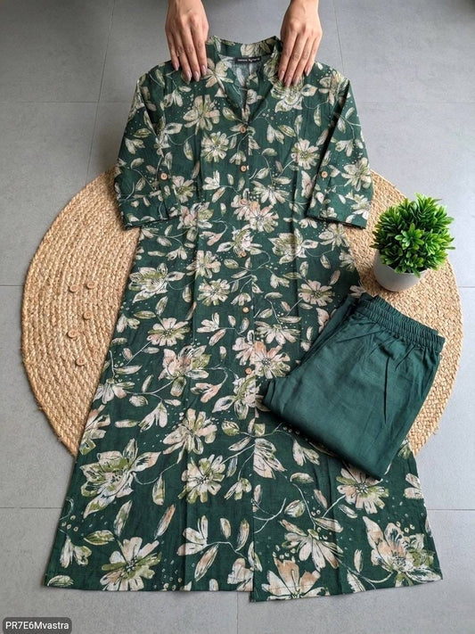 Floral Printed Textured Cotton Kurta Set with Pocket