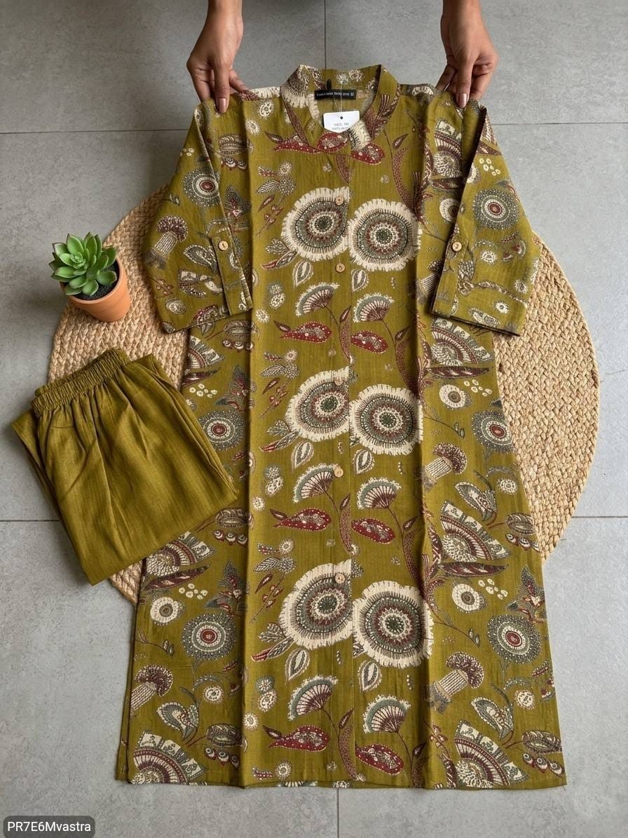 Floral Printed Textured Cotton Kurta Set with Pocket