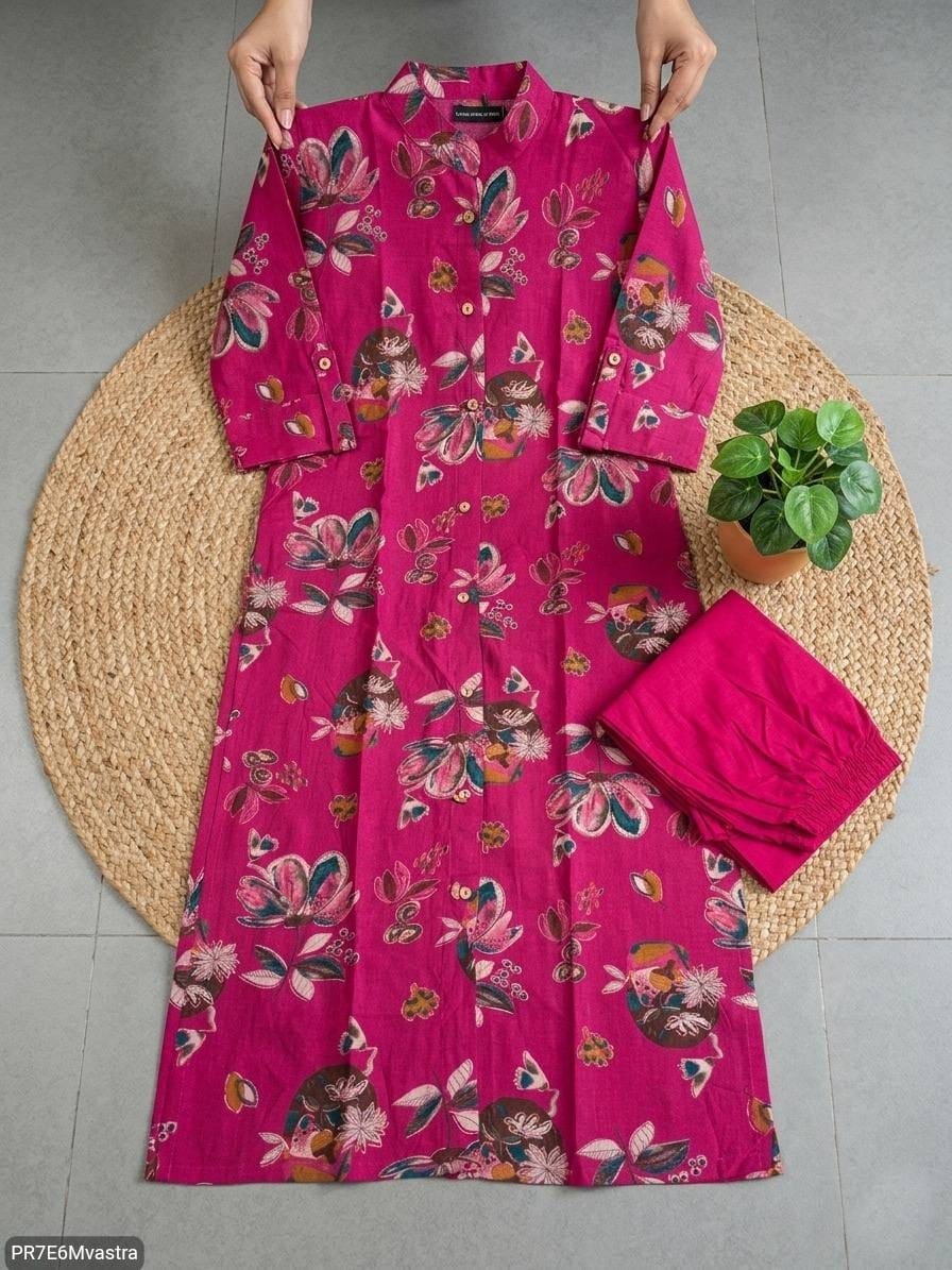 Floral Printed Textured Cotton Kurta Set with Pocket