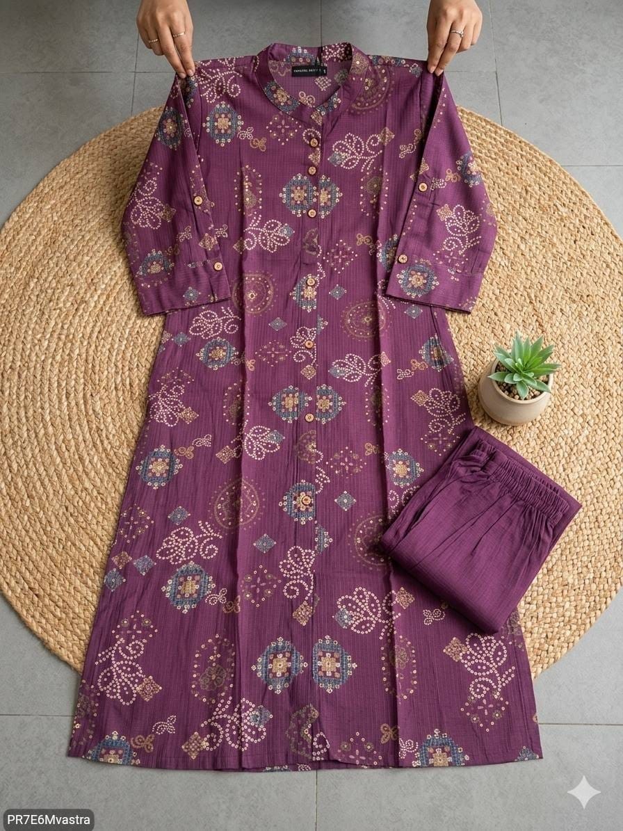 Floral Printed Textured Cotton Kurta Set with Pocket