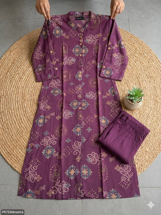 Floral Printed Textured Cotton Kurta Set with Pocket