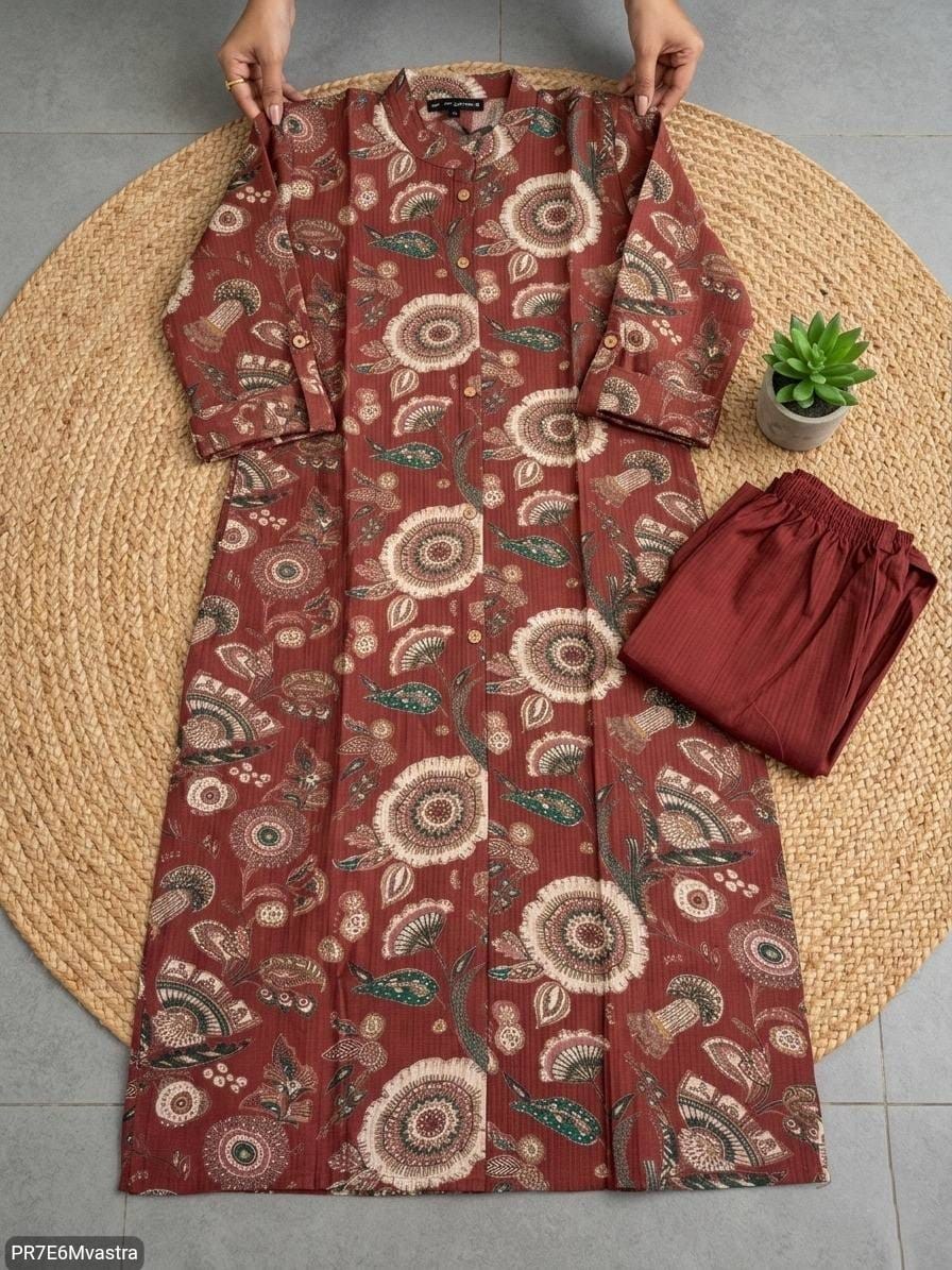 Floral Printed Textured Cotton Kurta Set with Pocket