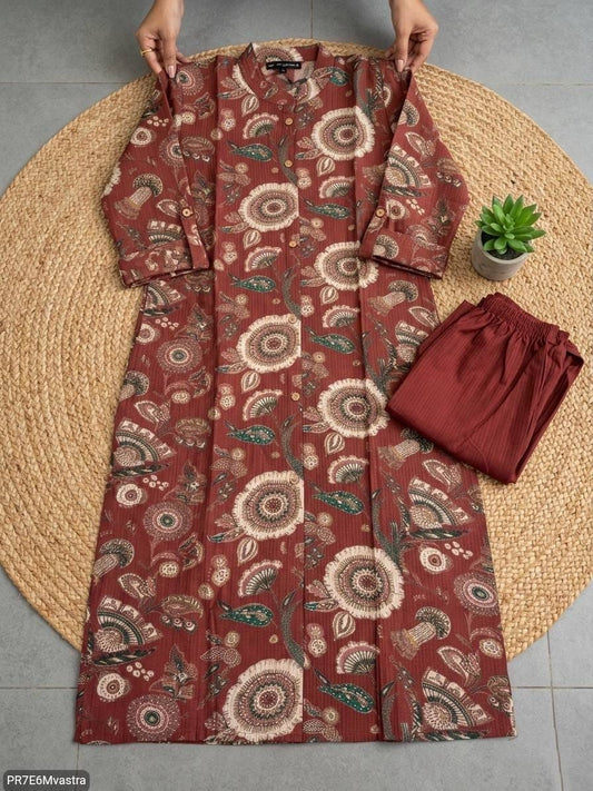Floral Printed Textured Cotton Kurta Set with Pocket