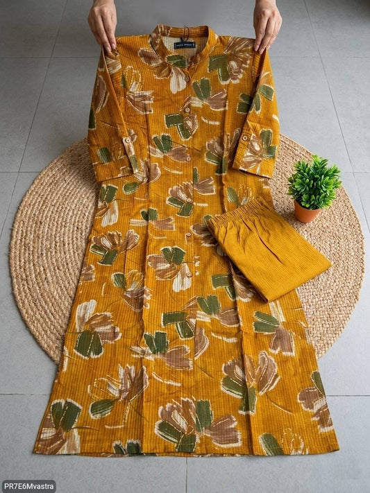 Floral Printed Textured Cotton Kurta Set with Pocket