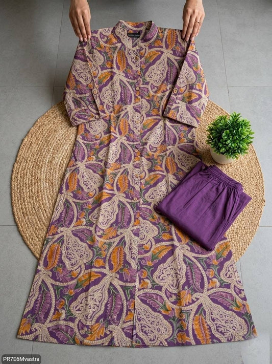 Floral Printed Textured Cotton Kurta Set with Pocket