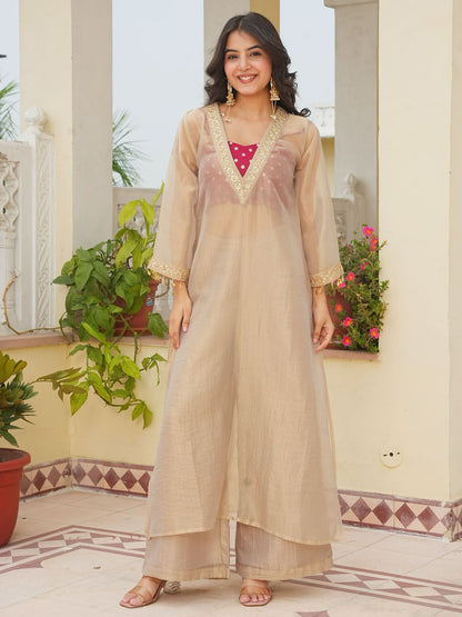 Tissue Embroidered 3-Piece Kurta Set with Satin Crop Top