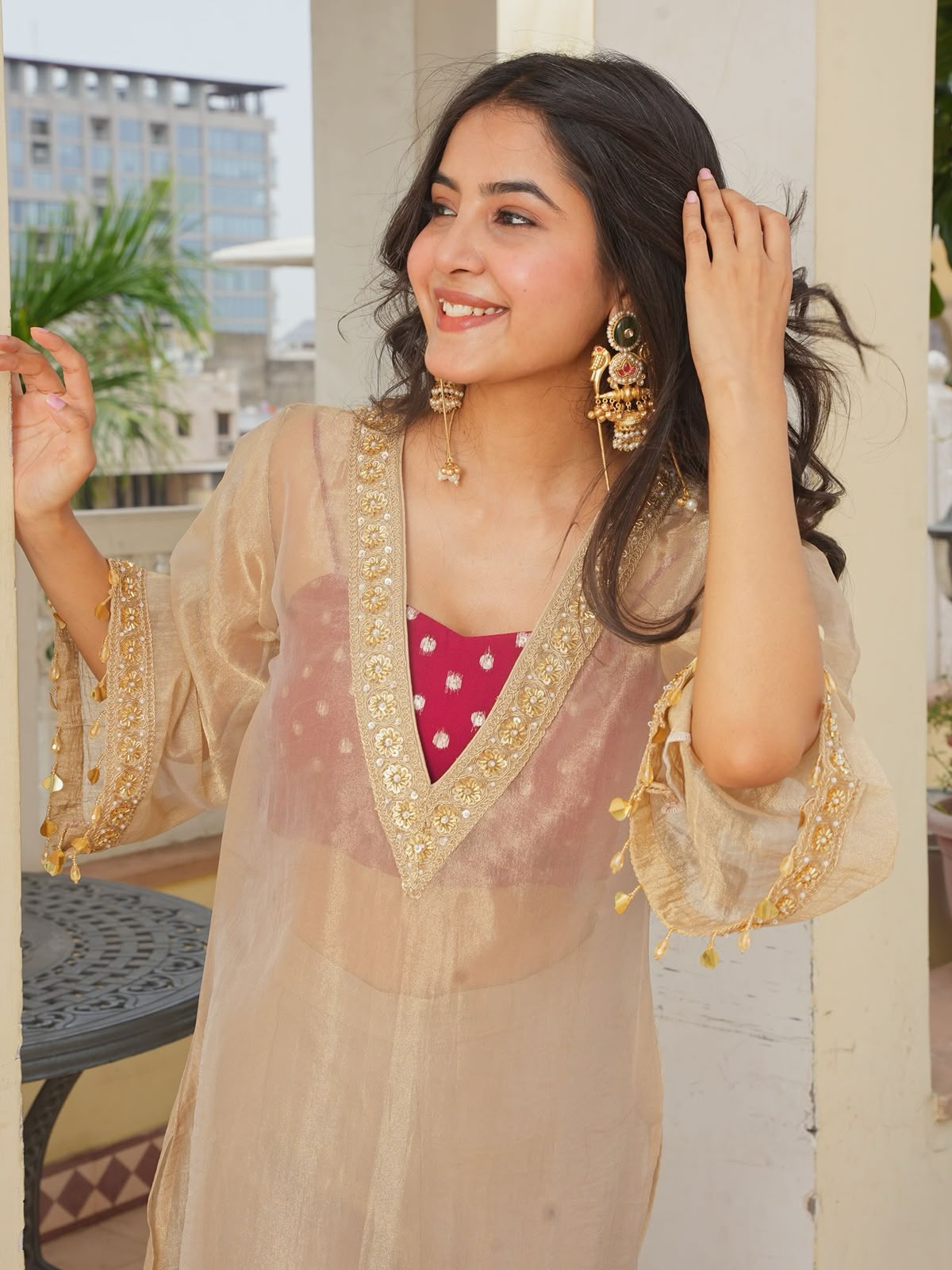Tissue Embroidered 3-Piece Kurta Set with Satin Crop Top