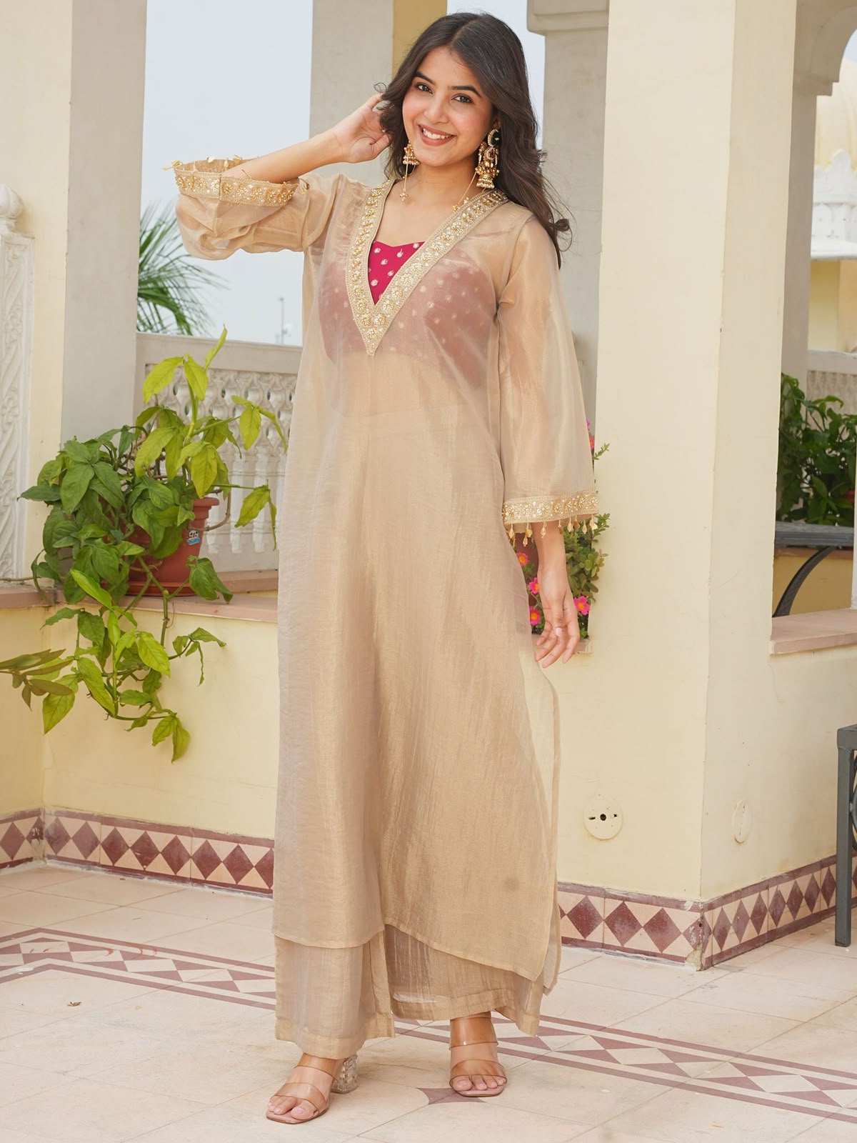 Tissue Embroidered 3-Piece Kurta Set with Satin Crop Top
