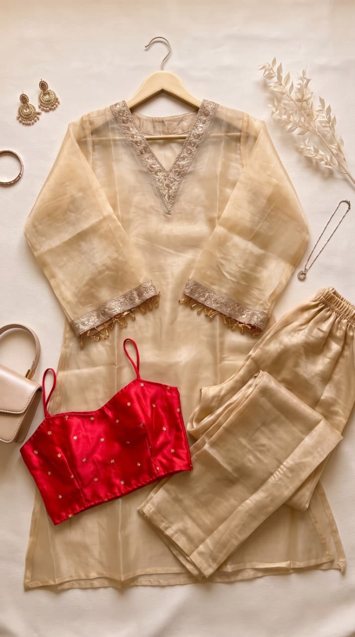Tissue Embroidered 3-Piece Kurta Set with Satin Crop Top