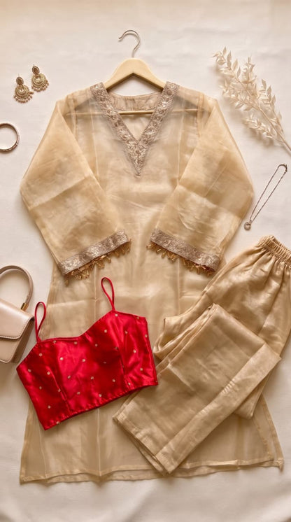 Tissue Embroidered 3-Piece Kurta Set with Satin Crop Top