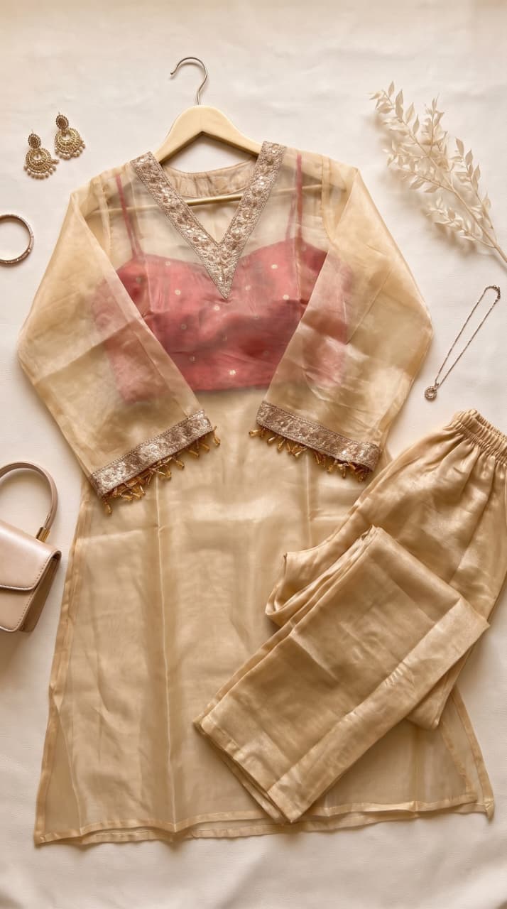 Tissue Embroidered 3-Piece Kurta Set with Satin Crop Top