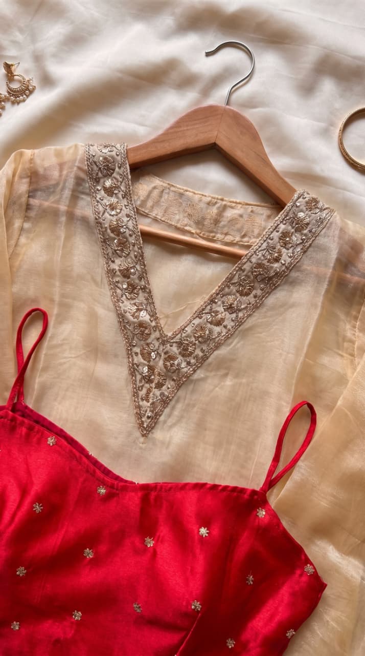 Tissue Embroidered 3-Piece Kurta Set with Satin Crop Top
