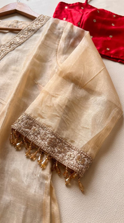 Tissue Embroidered 3-Piece Kurta Set with Satin Crop Top