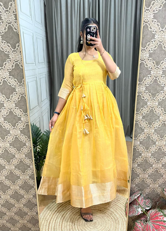 Tissue Organza Silk Gown with Gold Zari Checks Work