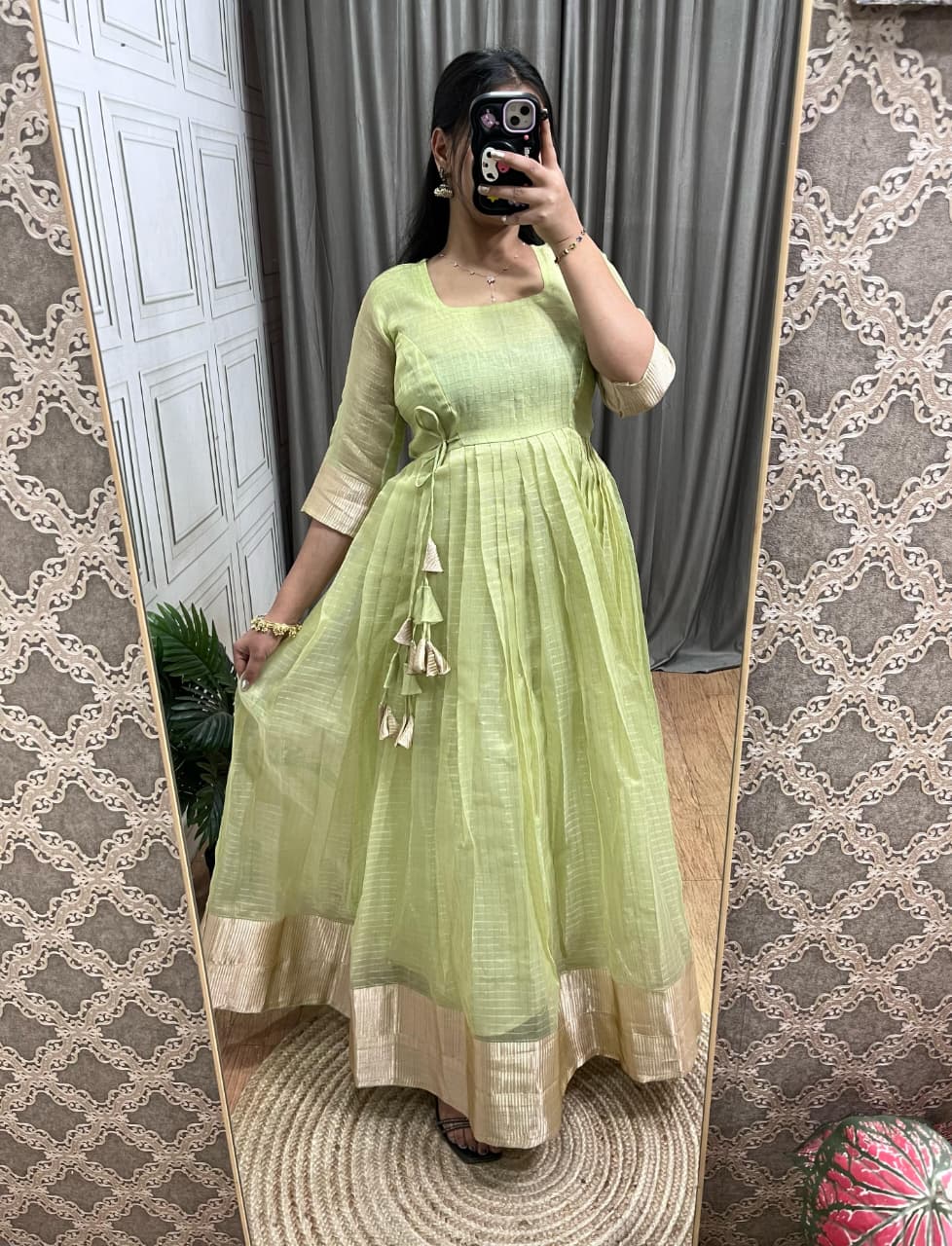 Tissue Organza Silk Gown with Gold Zari Checks Work