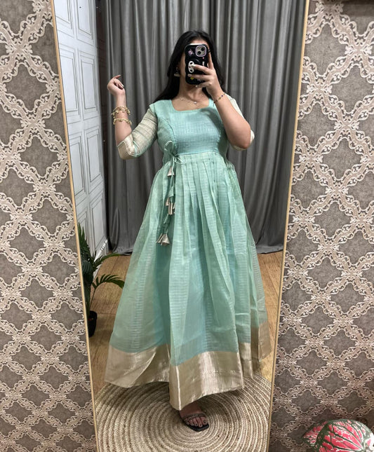 Tissue Organza Silk Gown with Gold Zari Checks Work