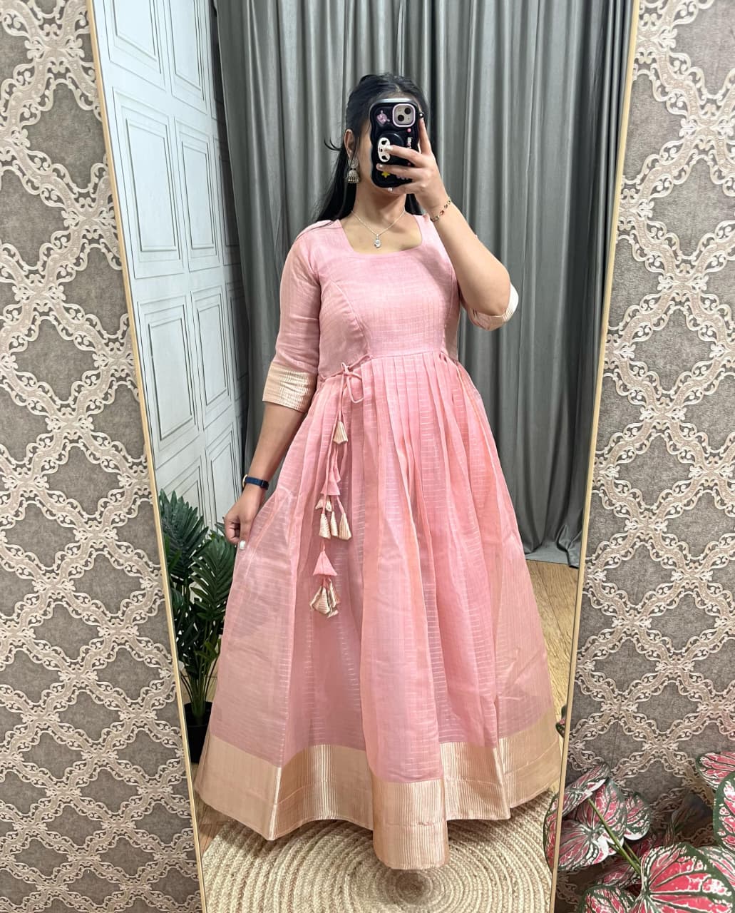 Tissue Organza Silk Gown with Gold Zari Checks Work