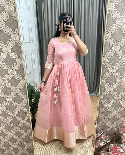 Tissue Organza Silk Gown with Gold Zari Checks Work