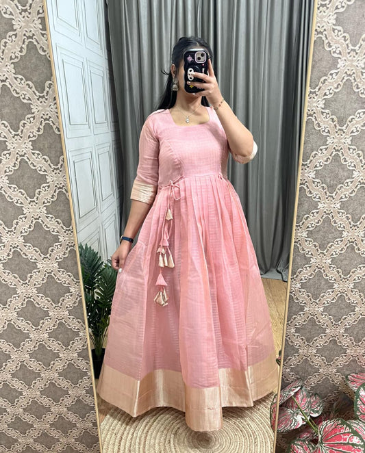 Tissue Organza Silk Gown with Gold Zari Checks Work
